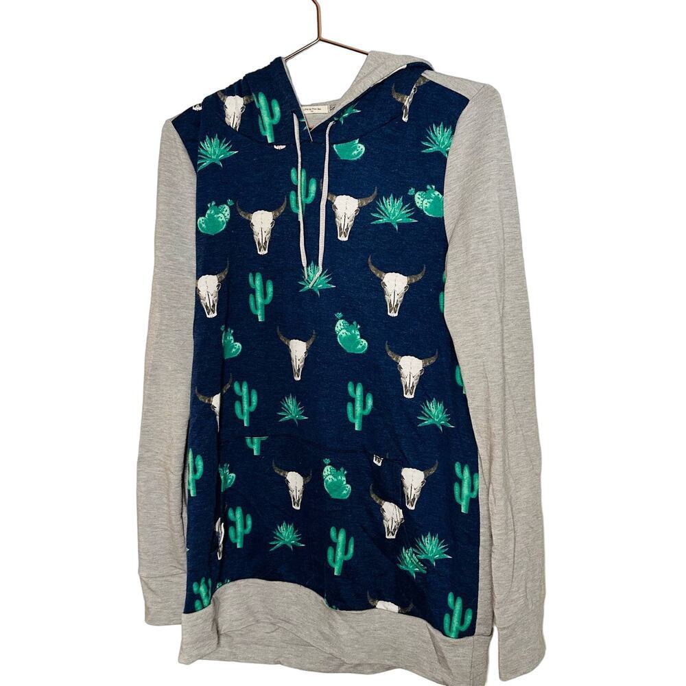 Cowboy Cactus Cow Skull Gray Blue Long Sleeve Pullover Hoodie size Medium